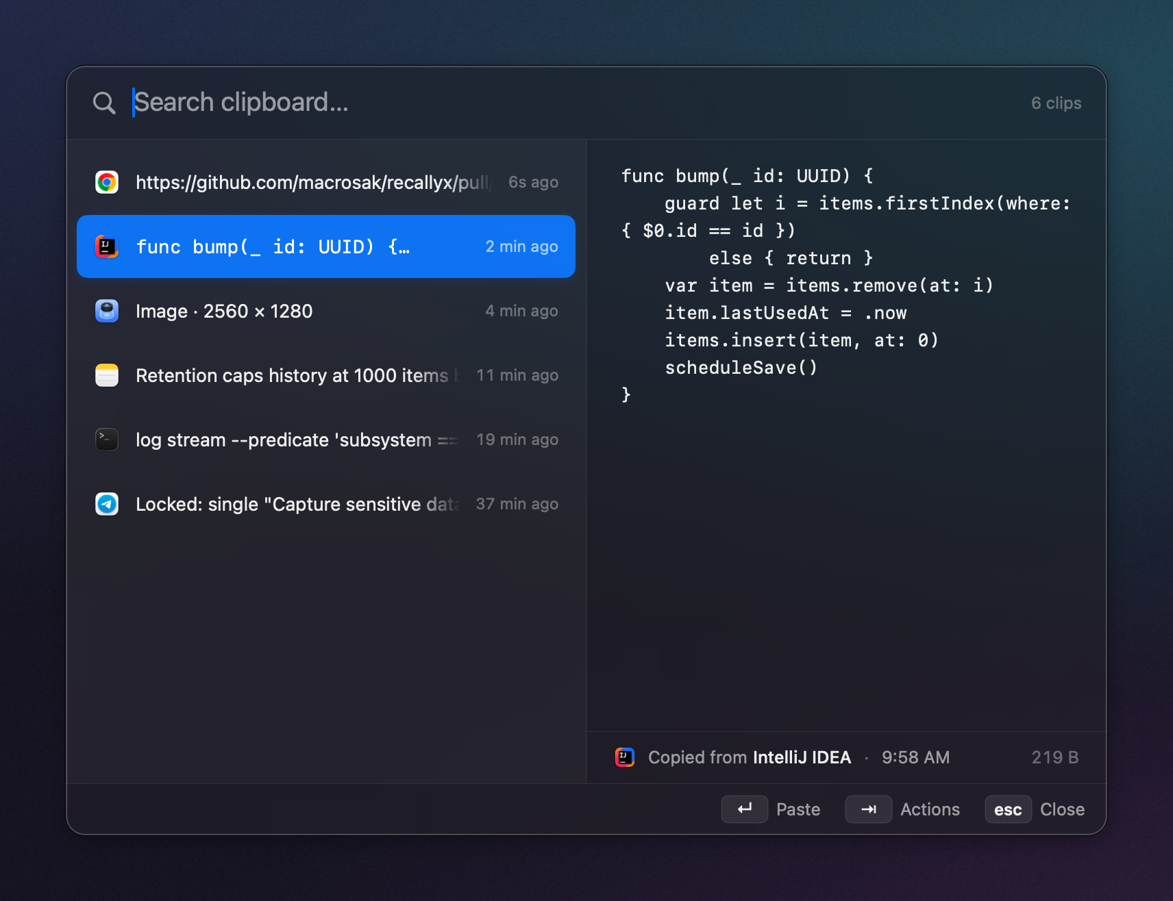 The Recallyx history panel: a search field, a list of recent clips with app icons and timestamps, and a detail pane showing selected Swift code copied from IntelliJ IDEA.
